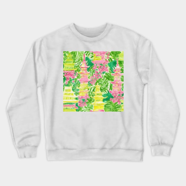 Yellow, pink and green pagodas, leaves and cherry blossom Crewneck Sweatshirt by SophieClimaArt